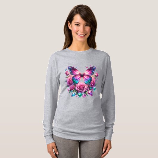 Gemstone Butterfly With Pink Roses T-Shirt (Voorkant volledig)