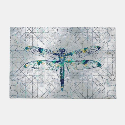 Gemstone Dragonfly op heilig geometriepatroon Deurmat (Voorkant)