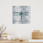 Gemstone Dragonfly op heilig geometriepatroon Poster (Keuken)