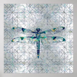 Gemstone Dragonfly op heilig geometriepatroon Poster