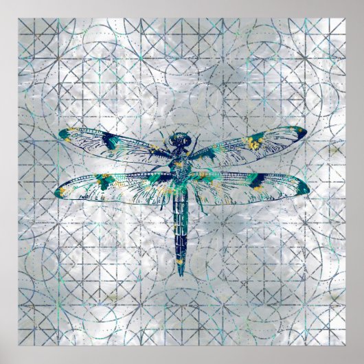 Gemstone Dragonfly op heilig geometriepatroon Poster (Voorkant)