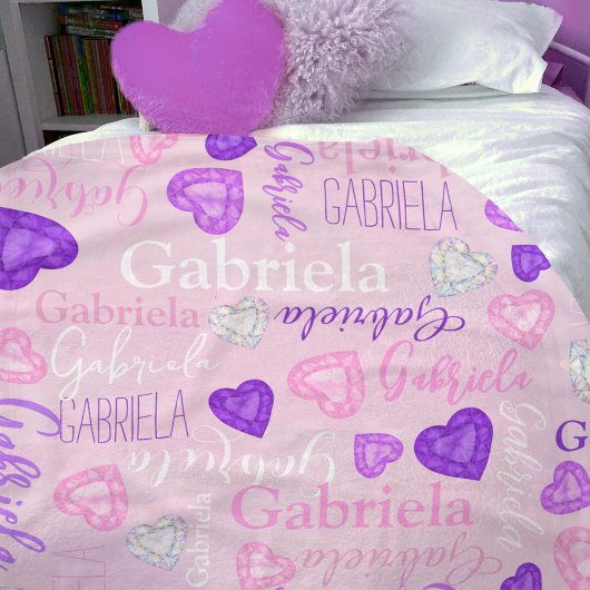 Gemstones hearts custom name pastel pink purple fleece deken