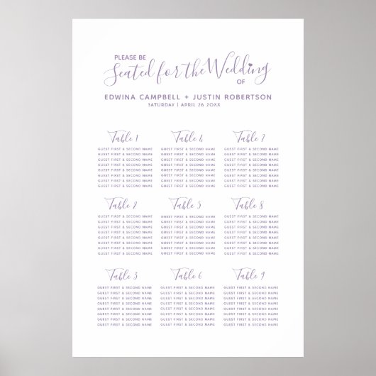 Gemuleerd paars scriptharten trouwtafel plan poster (Voorkant)