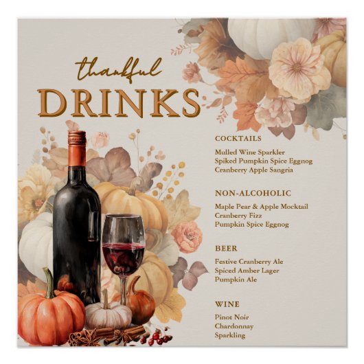 Gemutte bloemen Thanksgiving Square Bar Menu Poste Perfect Poster (Voorkant)