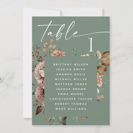 Gemutte Sage Groene Boho Bloemen Trouwstoel Grafie Kaart (Voorkant)