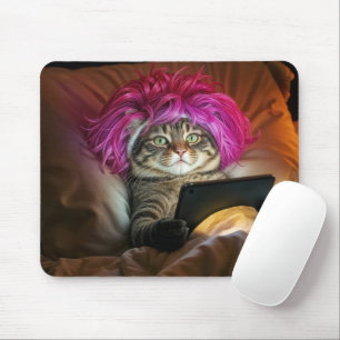 Gen Z Cat met een elektronische tablet in bed Muismat