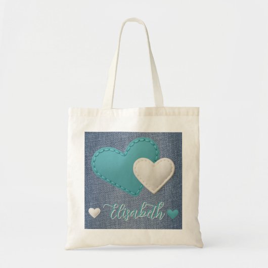 Genaaide Blauwgroen & Ivoor Harten jouw naam op De Tote Bag (Voorkant)