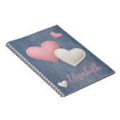 Genaaide Roze & Witte Harten jouw naam op Denim Notitieboek (Rechterzijde)