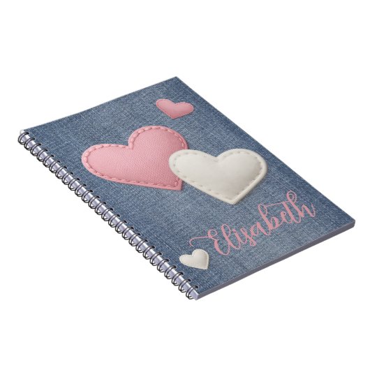 Genaaide Roze & Witte Harten jouw naam op Denim Notitieboek (Rechterzijde)