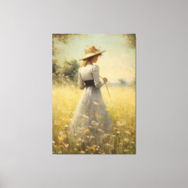 Genade in Natuur: Vrouw in Meadow Olieverfschilder Canvas Afdruk