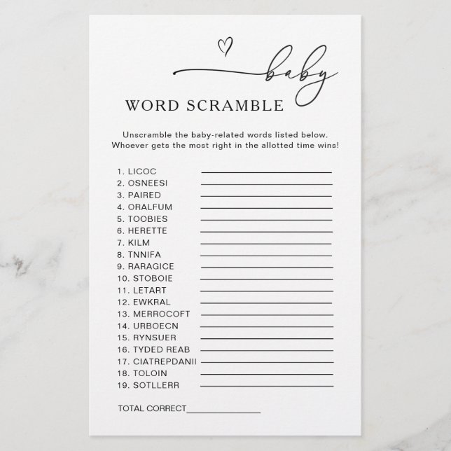 Gender Neutral Baby Word Scramble Game (Voorkant)