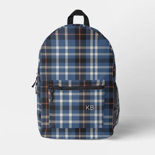Gender Neutral Blue Plaid Check Monogram Initialen Bedrukte Rugzak (Voorkant)
