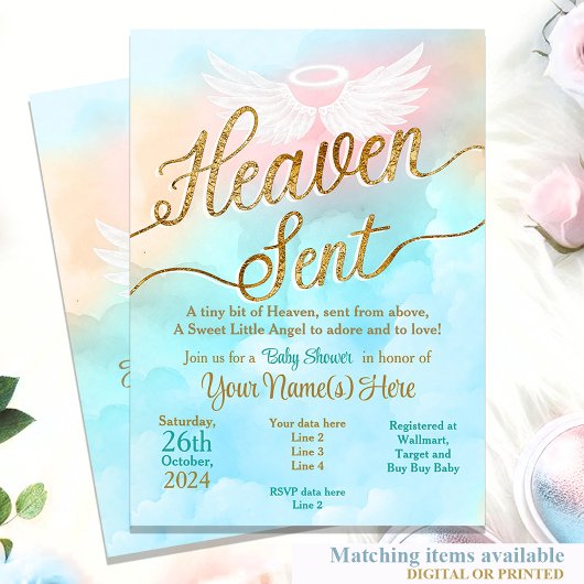Gender Neutral Heaven Sent Baby shower Invitation Kaart
