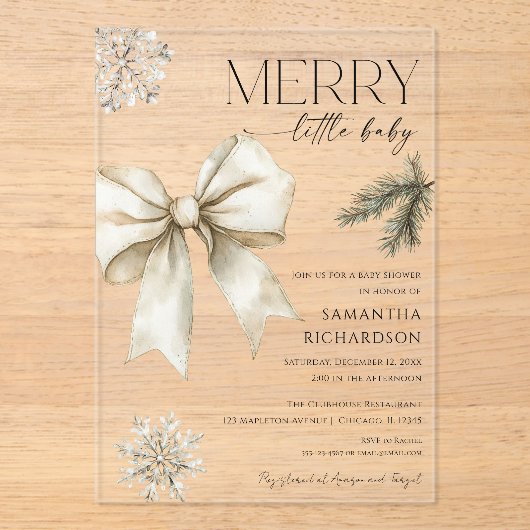 Gender neutral rustic bow snowflakes baby shower acryl uitnodigingen (Voorkant)