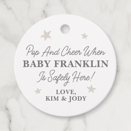 Gender Neutral Silver Stars Champagne Baby shower Bedankjes Labels (Voorkant)