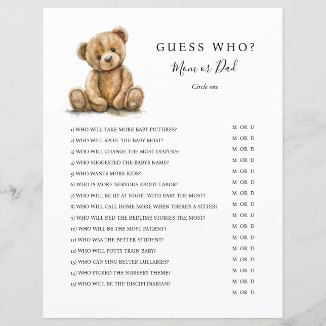 Gender Neutral Teddy Bear Baby Shower Game (Voorkant)