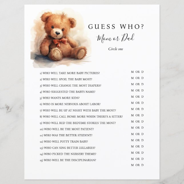 Gender Neutral Teddy Bear Baby Shower Game (Voorkant)