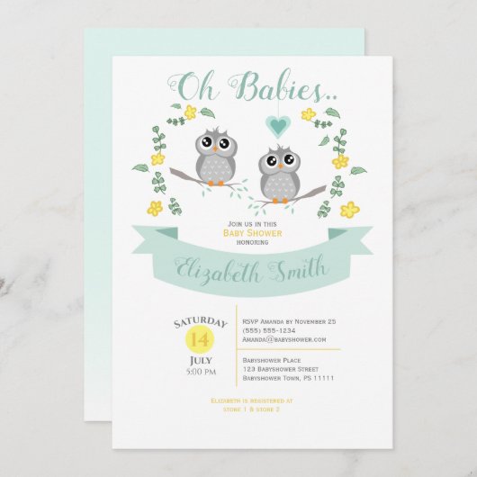Gender neutral Twin Cute owls babyshower Kaart (Voorkant / Achterkant)