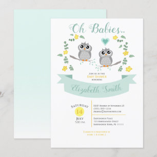 Gender neutral Twin Cute owls babyshower Kaart