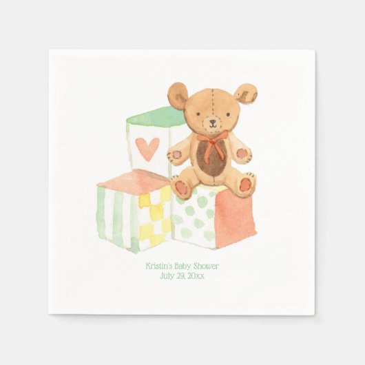Gender Neutrale Baby Blokken en Teddy Bear Shower Servet (Voorkant)