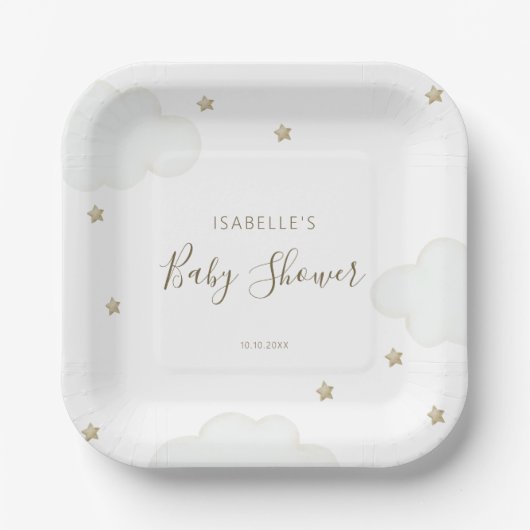 Gender Neutrale Wolken en Sterren Papieren Bordje (Voorkant)