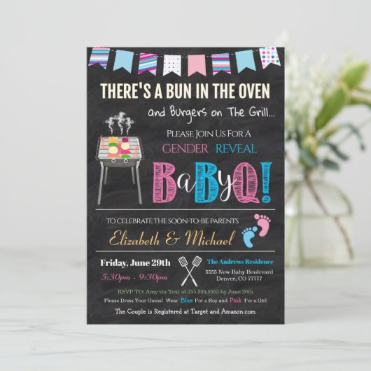 Gender onthullen Baby-Q BBQ Picnic Uitnodiging (Staand voorkant)