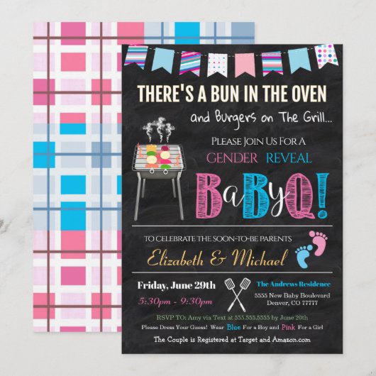 Gender onthullen Baby-Q BBQ Picnic Uitnodiging (Voorkant / Achterkant)