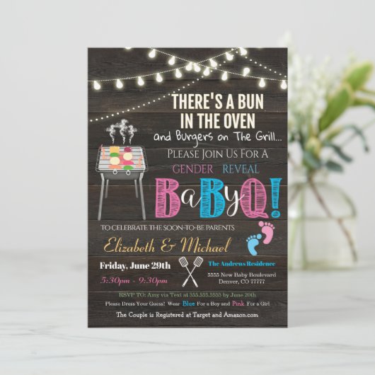 Gender onthullen Baby-Q BBQ Picnic Uitnodiging (Staand voorkant)