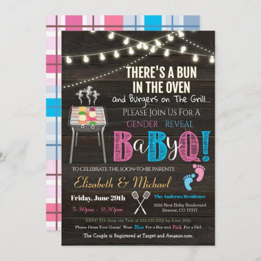 Gender onthullen Baby-Q BBQ Picnic Uitnodiging (Voorkant / Achterkant)