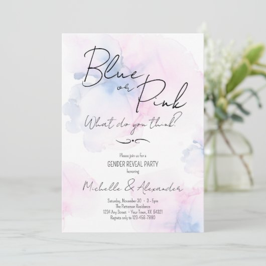 Gender Onthullen Blauw Roze Elegant Waterverf Part Kaart (Staand voorkant)