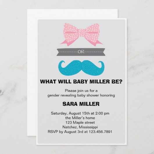 Gender onthullen Bows of Staches Baby shower Kaart (Voorkant / Achterkant)