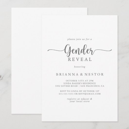 Gender onthullen minimalistische kalligrafie parti kaart (Voorkant / Achterkant)