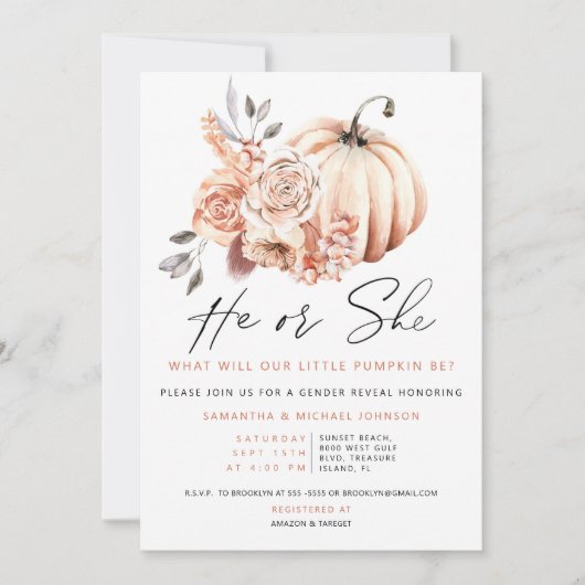 Gender onthullen Pompoenuitnodiging, Herfst hij of Kaart (Voorkant)