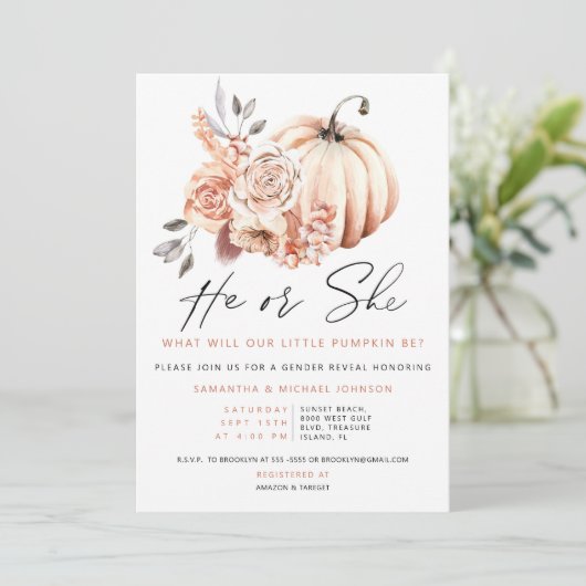 Gender onthullen Pompoenuitnodiging, Herfst hij of Kaart (Staand voorkant)