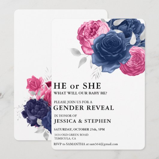 Gender onthullen Roze Blauwe Floral Flowers Kaart (Voorkant / Achterkant)