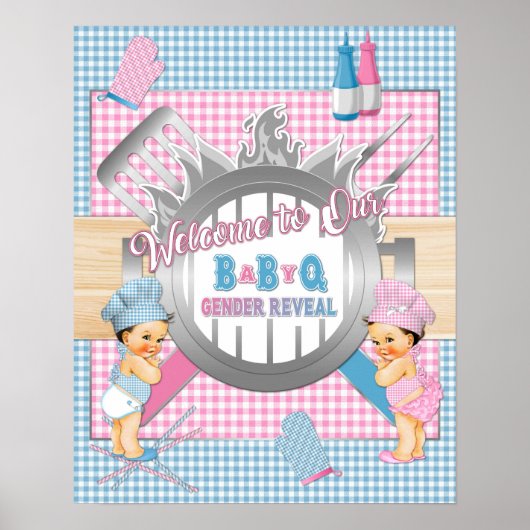 Gender onthullen Roze Blue Gingham Baby Q BBQ Post Poster (Voorkant)