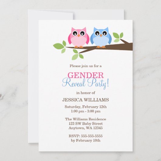 Gender onthullen Roze Blue Owls Branch Invitations Kaart (Voorkant)