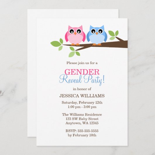 Gender onthullen Roze Blue Owls Branch Invitations Kaart (Voorkant / Achterkant)