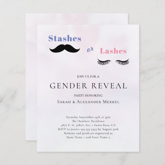 Gender onthullen Stashes of Lashes Budget Invitati (Voorkant / Achterkant)