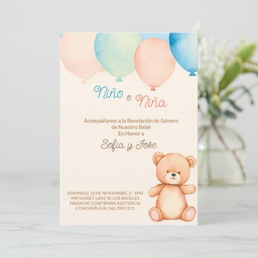 Gender onthullen uitnodiging in het Spaans (Staand voorkant)