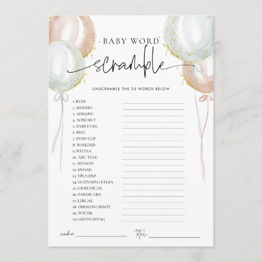 Gender onthullen Word Scramble Baby shower spel Ka Advieskaart (Voorkant)