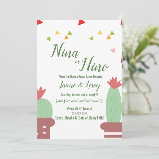 Gender onthulling Cactus Niña Niño Fiesta Uitnodig Kaart (Staand voorkant)