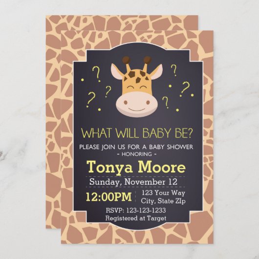Gender onthulling Giraffe Baby shower Uitnodiging (Voorkant / Achterkant)