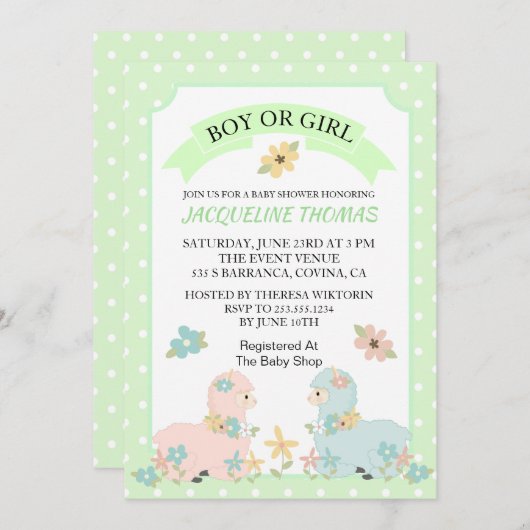 Gender onthulling Llama Baby shower Uitnodiging (Voorkant / Achterkant)