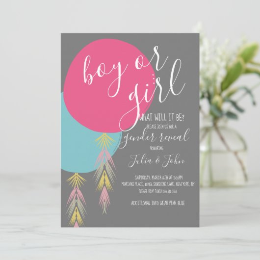 Gender onthulling Tassel Boho Ballonuitnodiging Kaart (Staand voorkant)