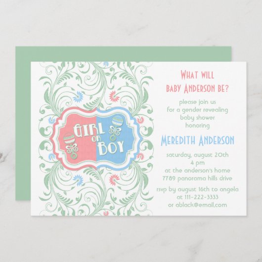 Gender onthulling Uitnodiging Roze Blauw Floral Ba (Voorkant / Achterkant)