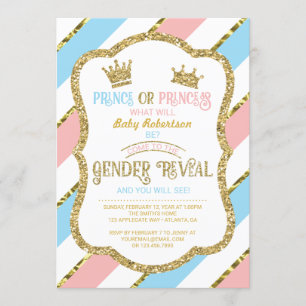 Gender Rekalme Invite, Prince, Princess, Faux Gold Kaart