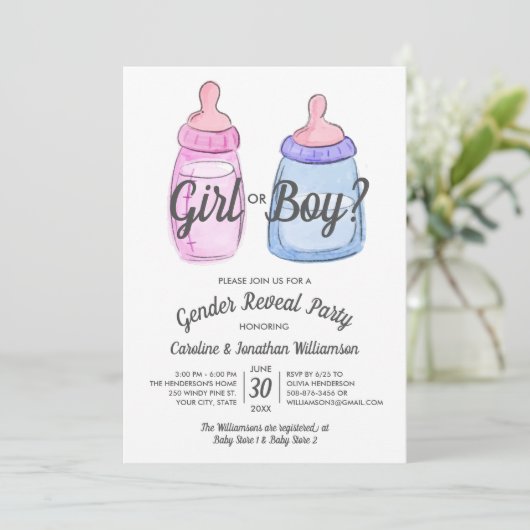 Gender Reveal Baby Party Invitation meisje of jong Kaart (Staand voorkant)