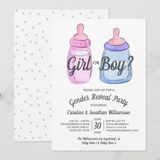 Gender Reveal Baby Party Invitation meisje of jong Kaart (Voorkant / Achterkant)