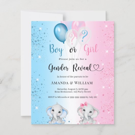 Gender reveal blue pink elephants invitation (Voorkant)
